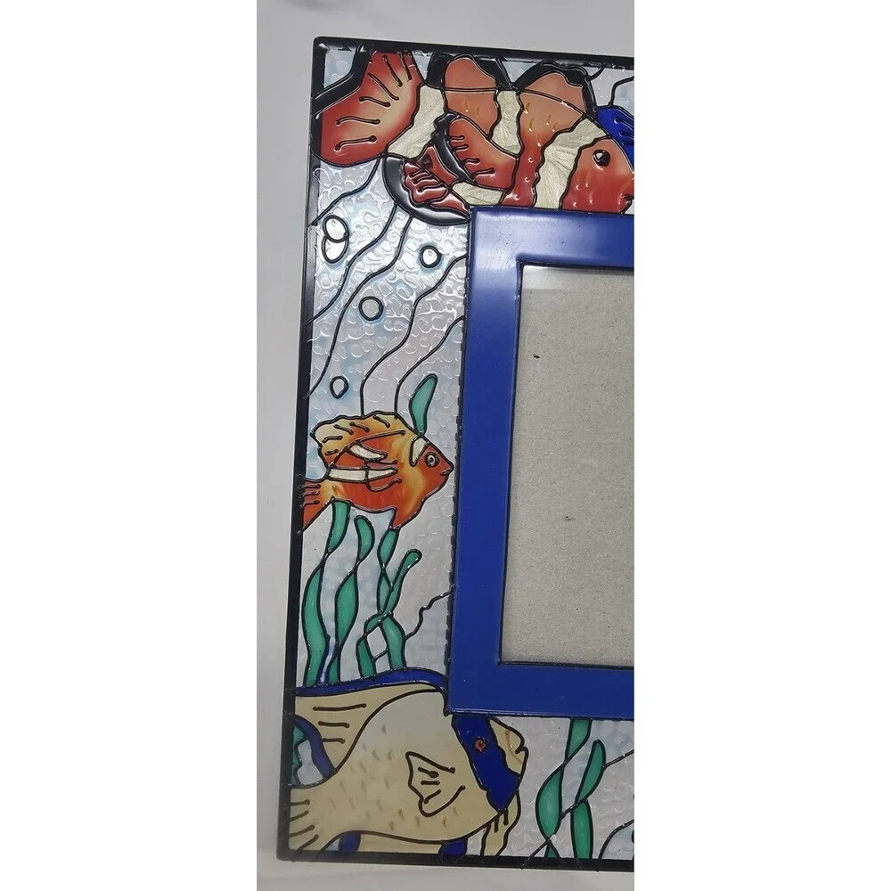 Vintage FIGI Hand Painted Fish Scene  Stained Glass Frame For 4x6 Photo